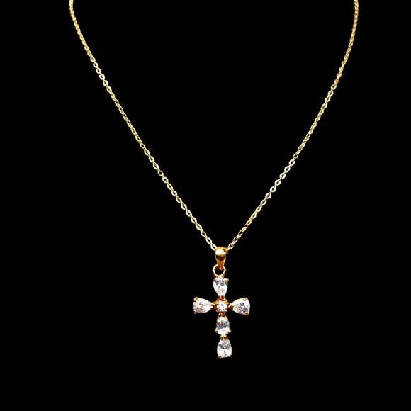 Cross Pendant Necklace Rhinestones Open Back Delicate Goldtone Chain Elegant 15" - Picture 7 of 15